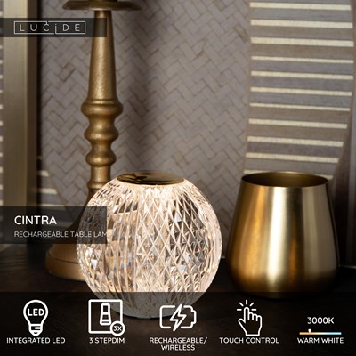 Lucide CINTRA - Rechargeable Table lamp - Battery pack - Ø 9 cm- LED 3 StepDim - 1x1,5W 3000K - Transparant